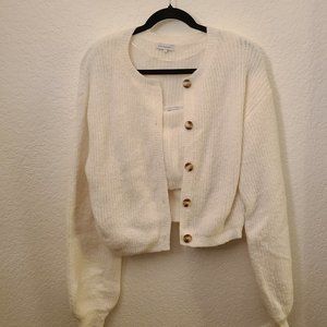 White eyelash yarn sweater knit cardigan crop top set in women small